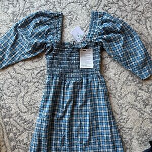 Ganni Blue and Black Pleated Sundress with Puff Sleeves